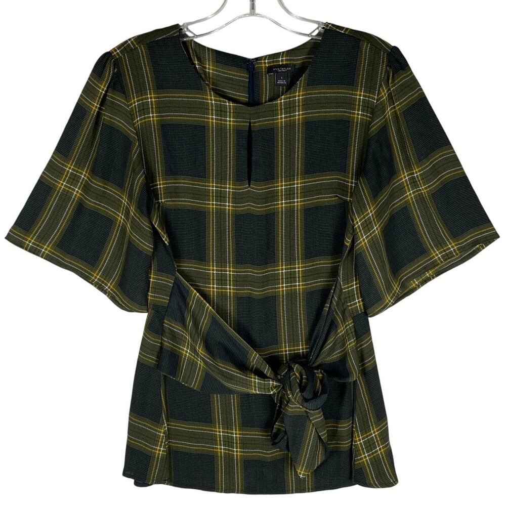 Ann Taylor Plaid Tie Waist Blouse S Green Yellow Flared Sleeve Retro Preppy Work